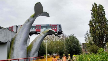 Поезд, повисший на хвосте кита. Машиниста метро в Нидерландах спасла скульптура