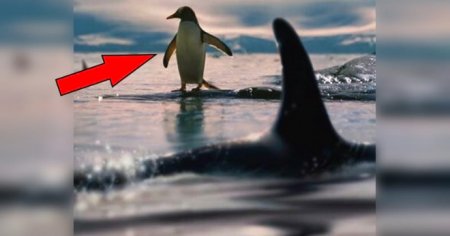 В Антарктиде голодные косатки преследовали пингвина, но он их перехитрил